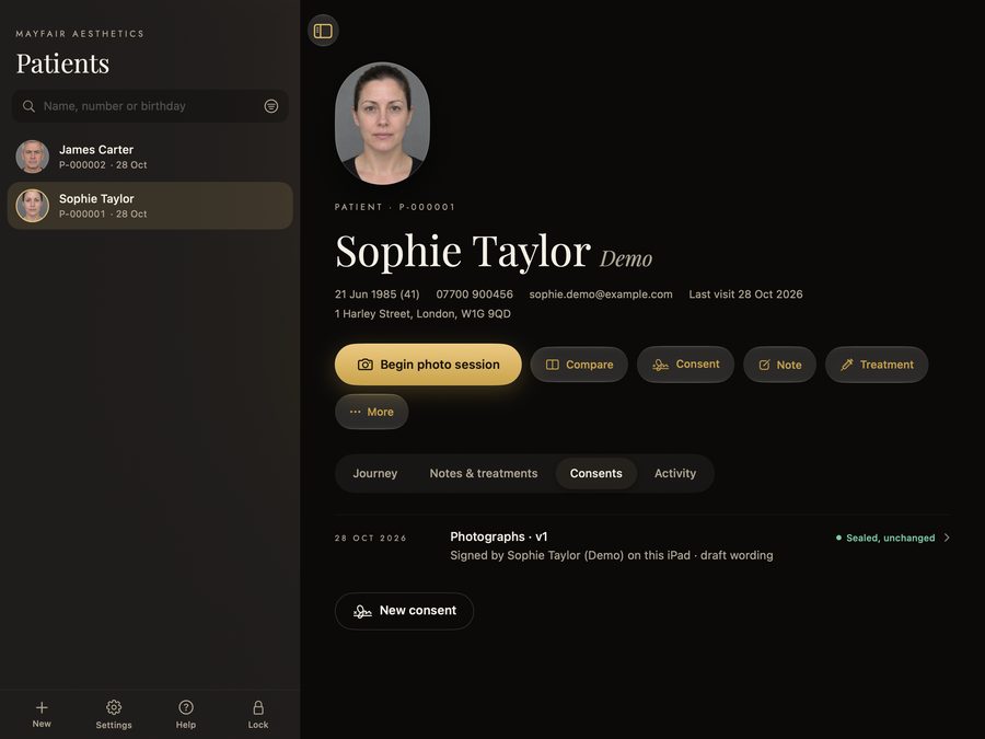 The consents tab of a patient record in HonestFace